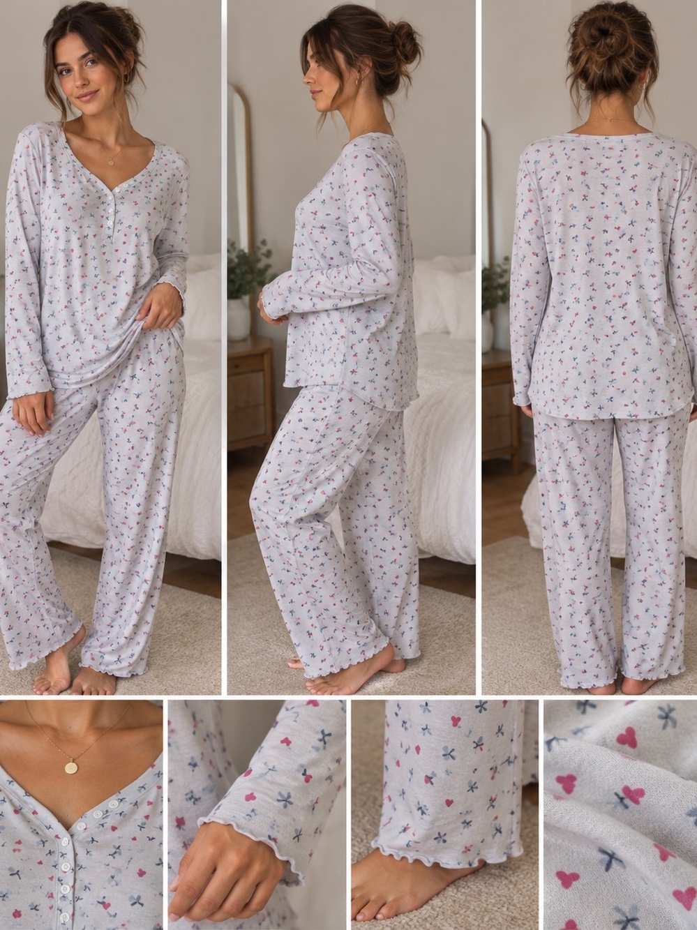 Jessica Simpson Light Blue Gray Floral & Heart Print Pajama Set Size M